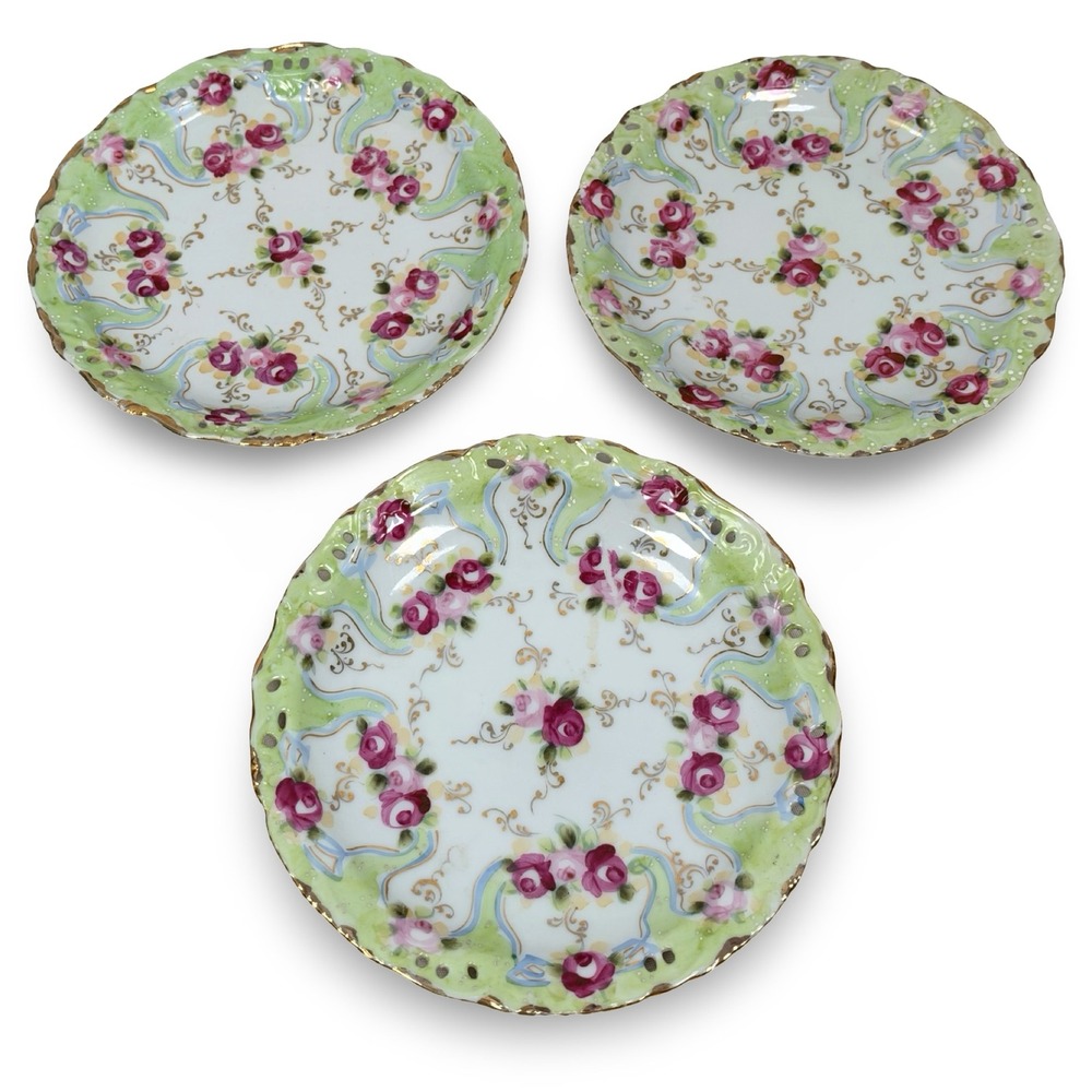 Antique Nippon Hand Painted Floral Rose Pierced Plate Set 3 Cherry Blossom 1800s